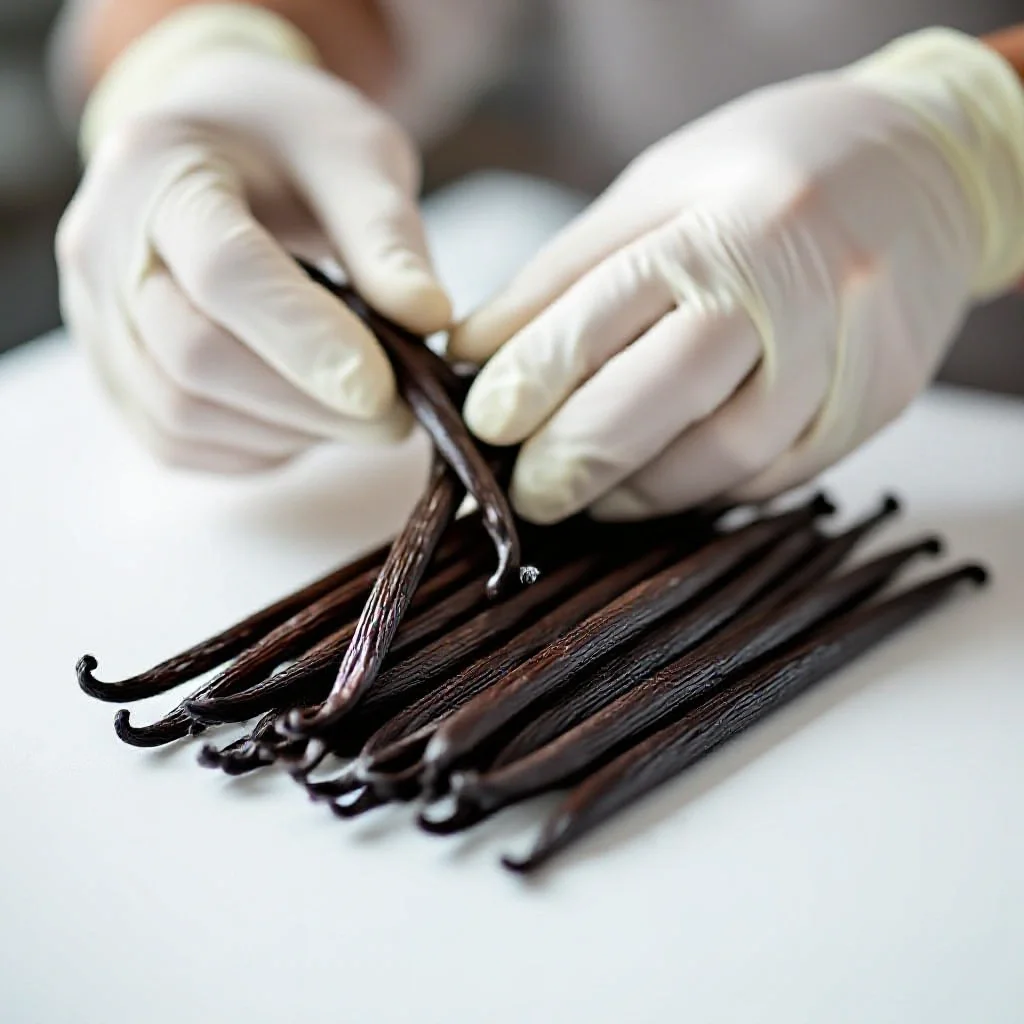 Vanilla pods being sorted and graded by quality