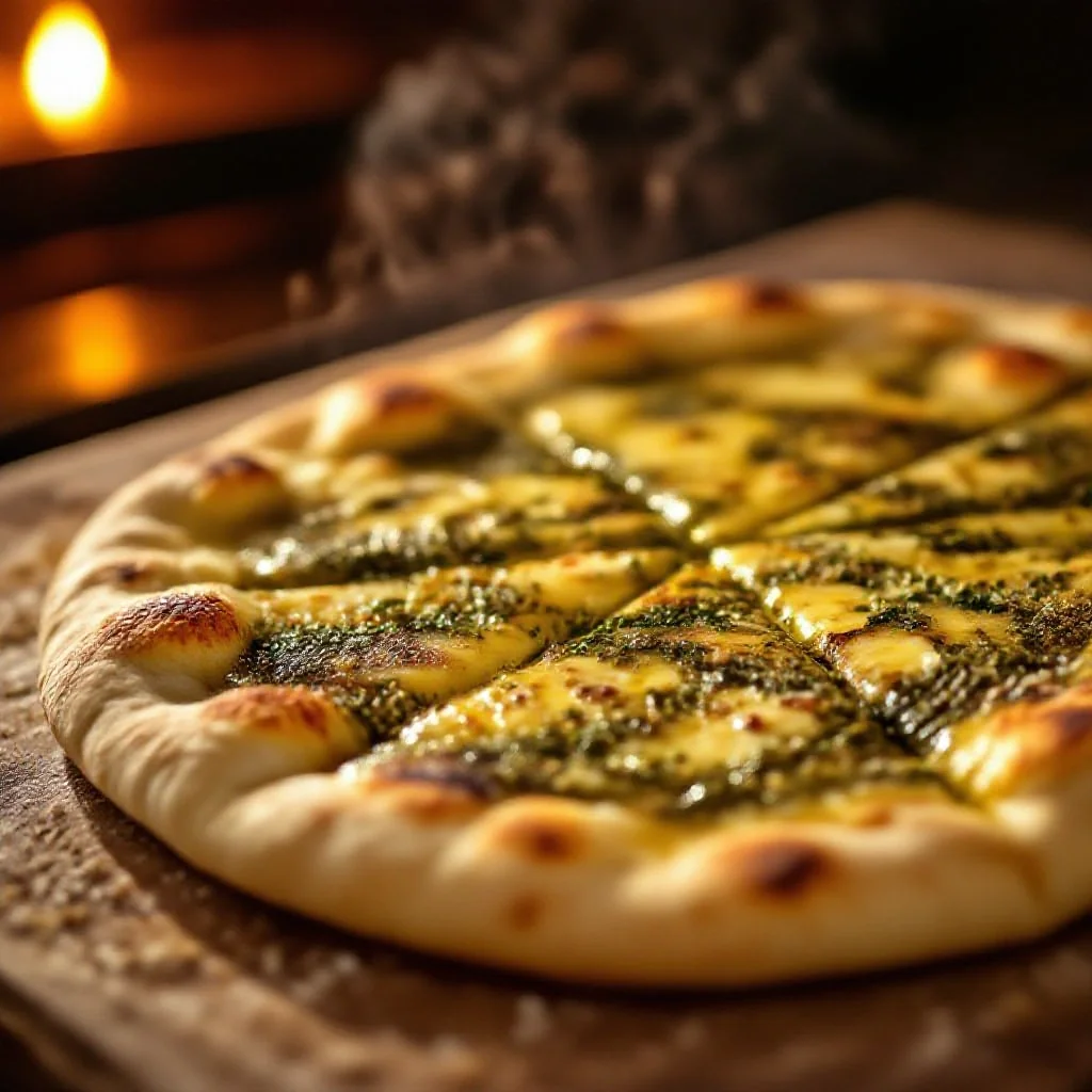Zaatar-covered flatbread just out of the oven
