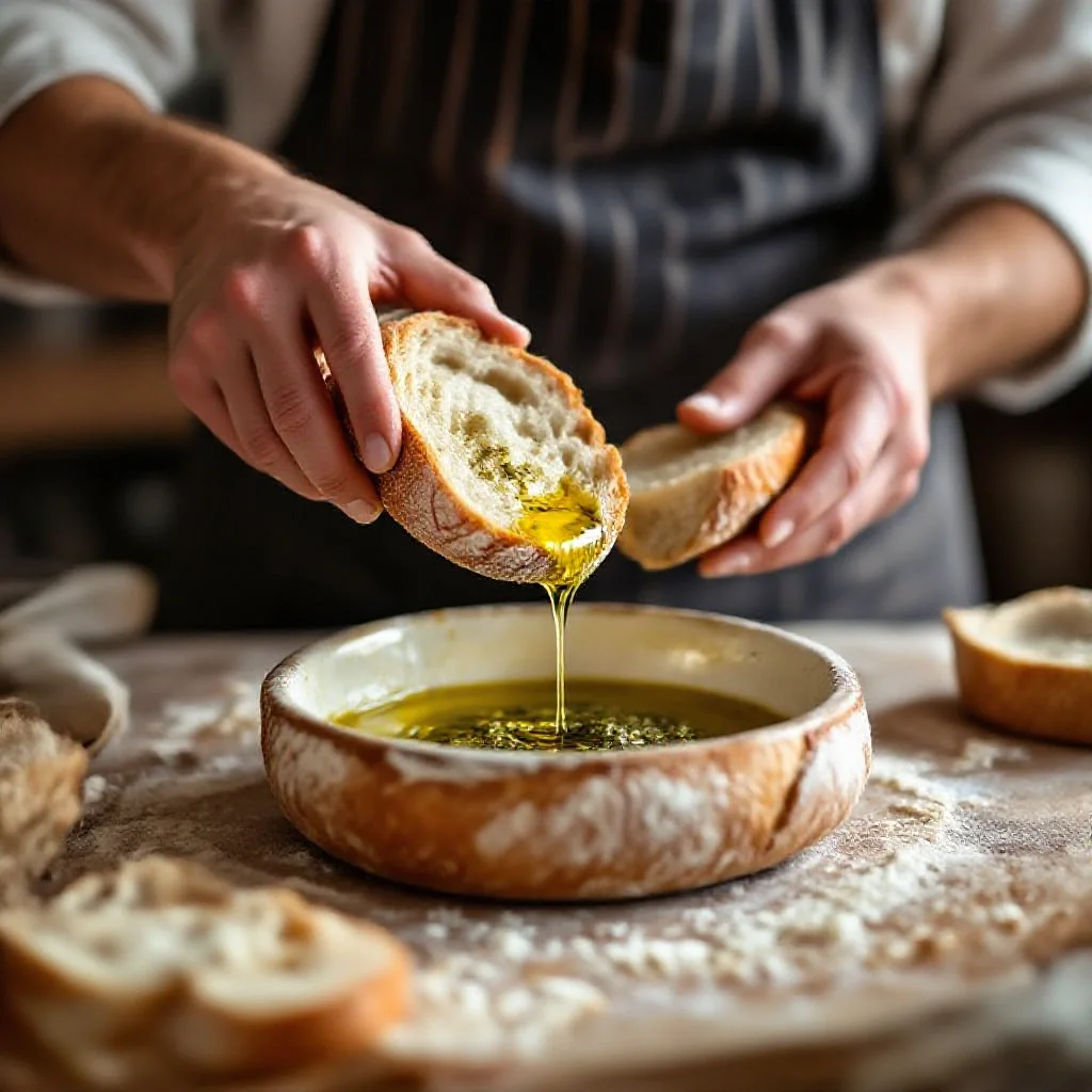 A baker dipping fresh bread into a mixture of olive oil and zaatar