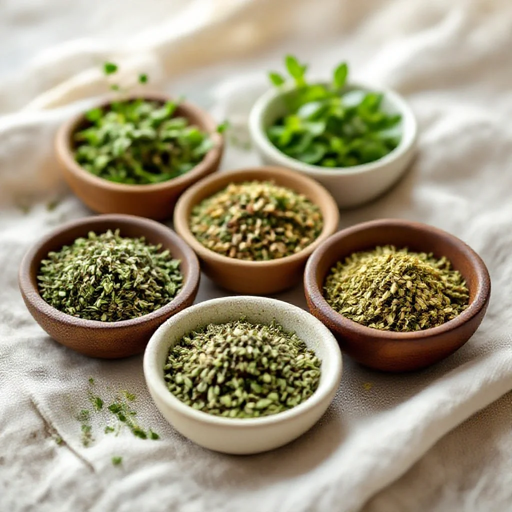An assortment of dried herbs that make up zaatar, thyme