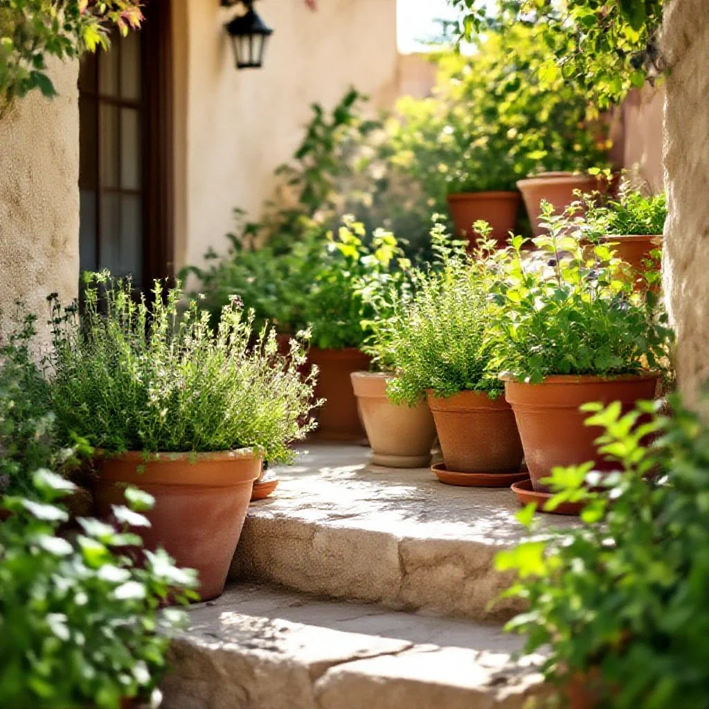 A Middle Eastern kitchen garden with culinary herbs including thyme