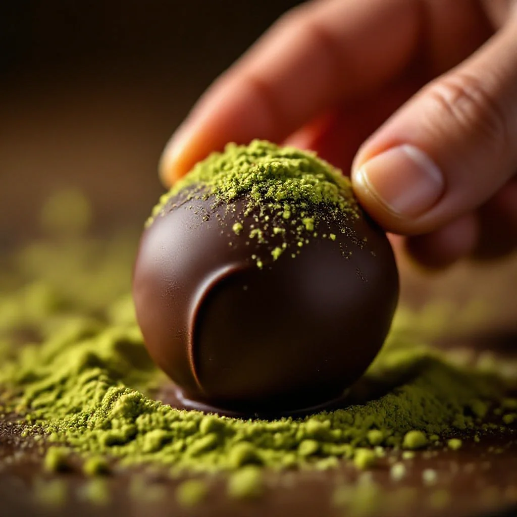 A dark chocolate truffle being rolled in ground cardamom