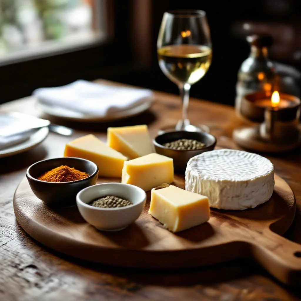 A thoughtfully set French cheese board with small bowls of spice pairings -...