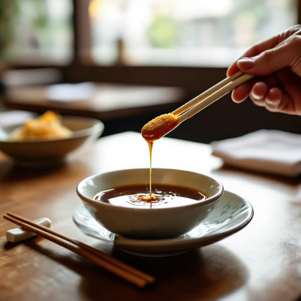 Chinese five-spice powder being mixed into a dipping sauce