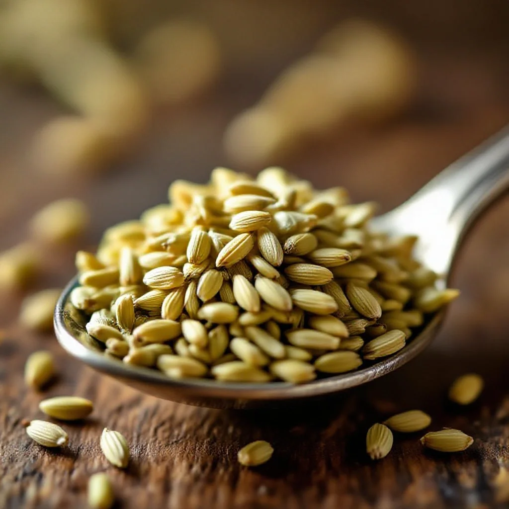 Fennel seeds (one of the five spices) in a small silver spoon