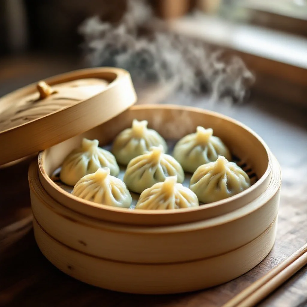 A bamboo steamer with five-spice dumplings inside