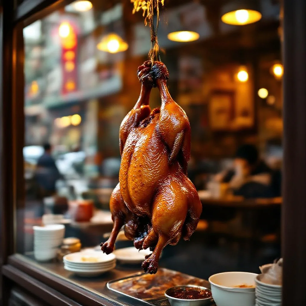 A Chinese BBQ duck hanging in a Beijing restaurant window