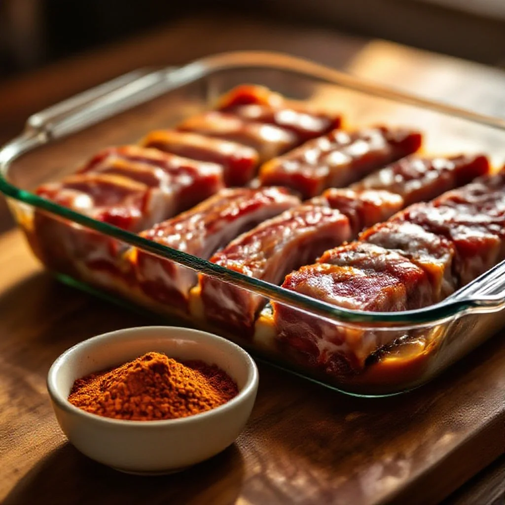 Five-spice powder in a small ceramic dish beside marinating pork ribs in a...