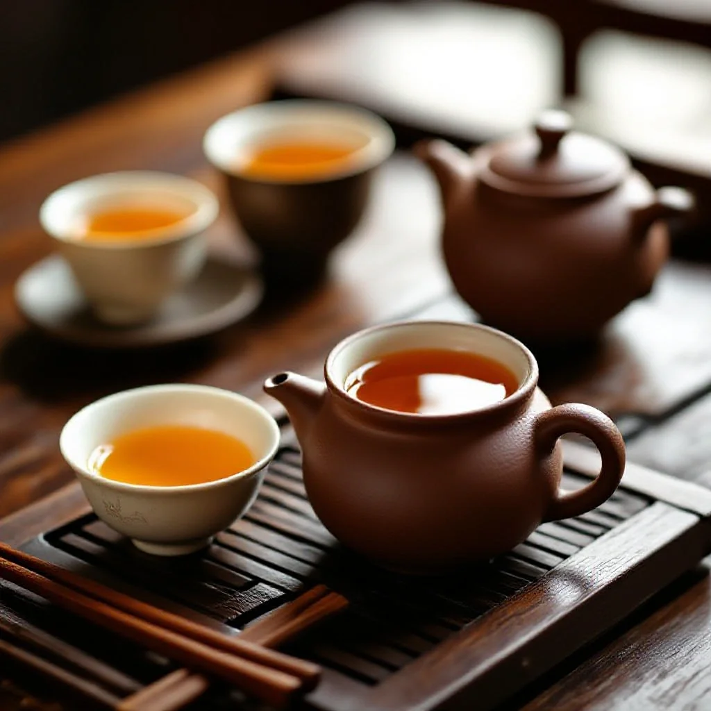 A Chinese tea ceremony setup with five-spice egg tea in a small clay teapot