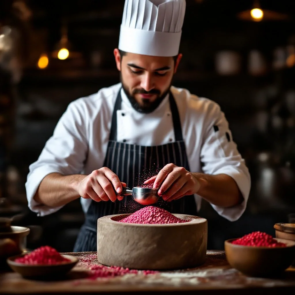 A chef grinding Sichuan pepper in a stone mill for a five-spice blend