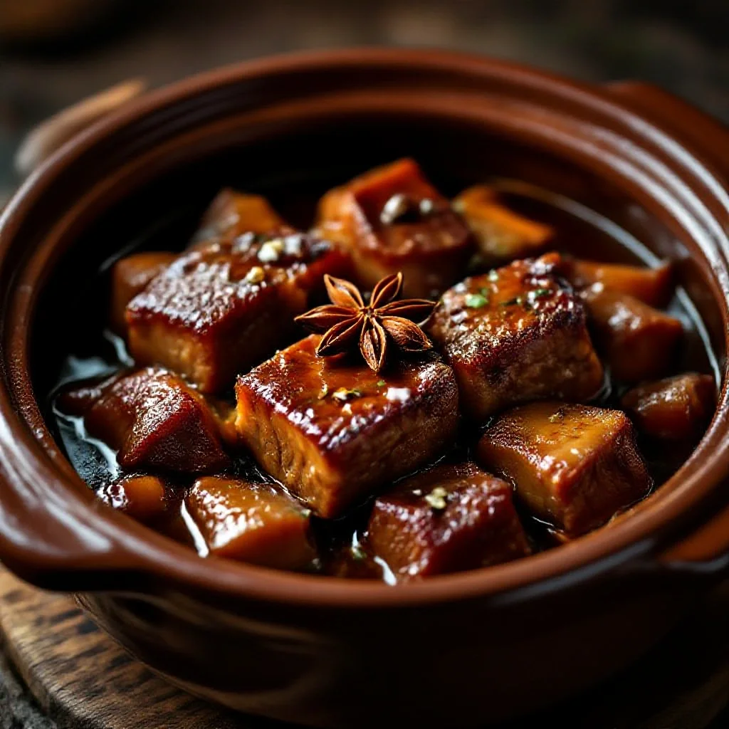Chinese clay pot braised pork belly with star anise and cinnamon visible in...