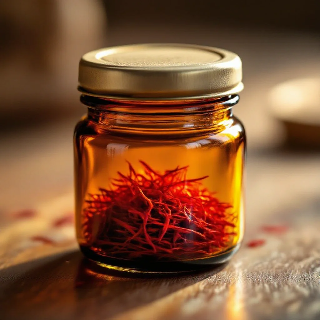 An airtight amber glass jar of saffron being sealed with a rubber gasket lid