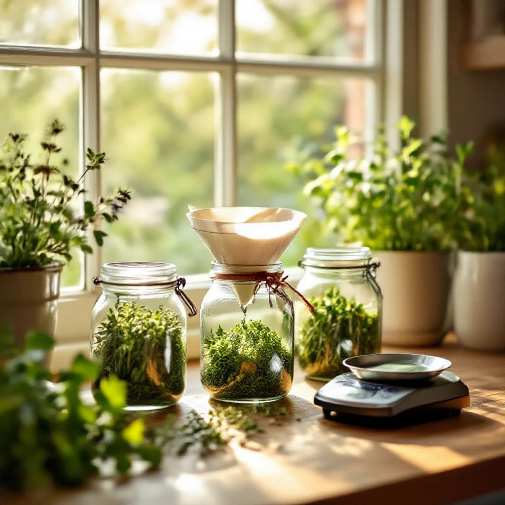 Freshly dried herbs being transferred into labelled glass jars using a small...