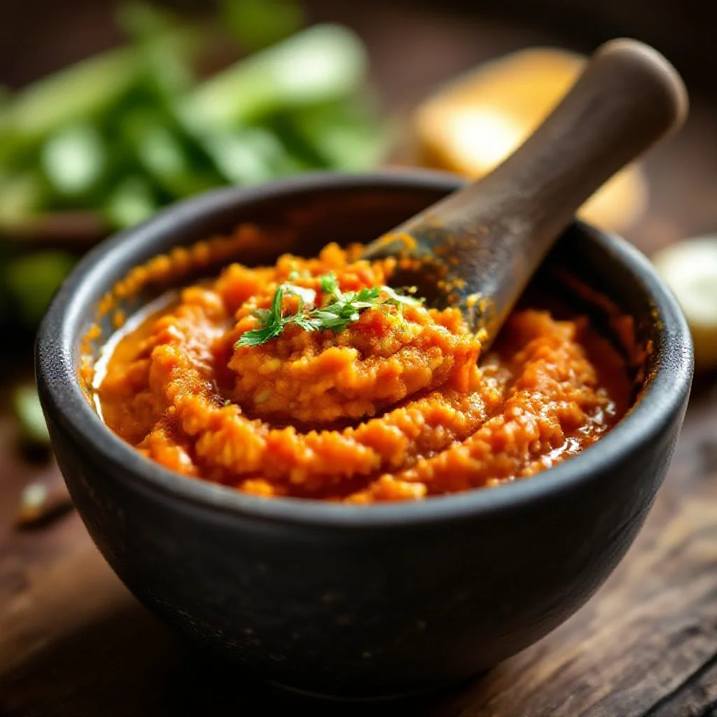 A mortar with freshly pounded Thai red curry paste
