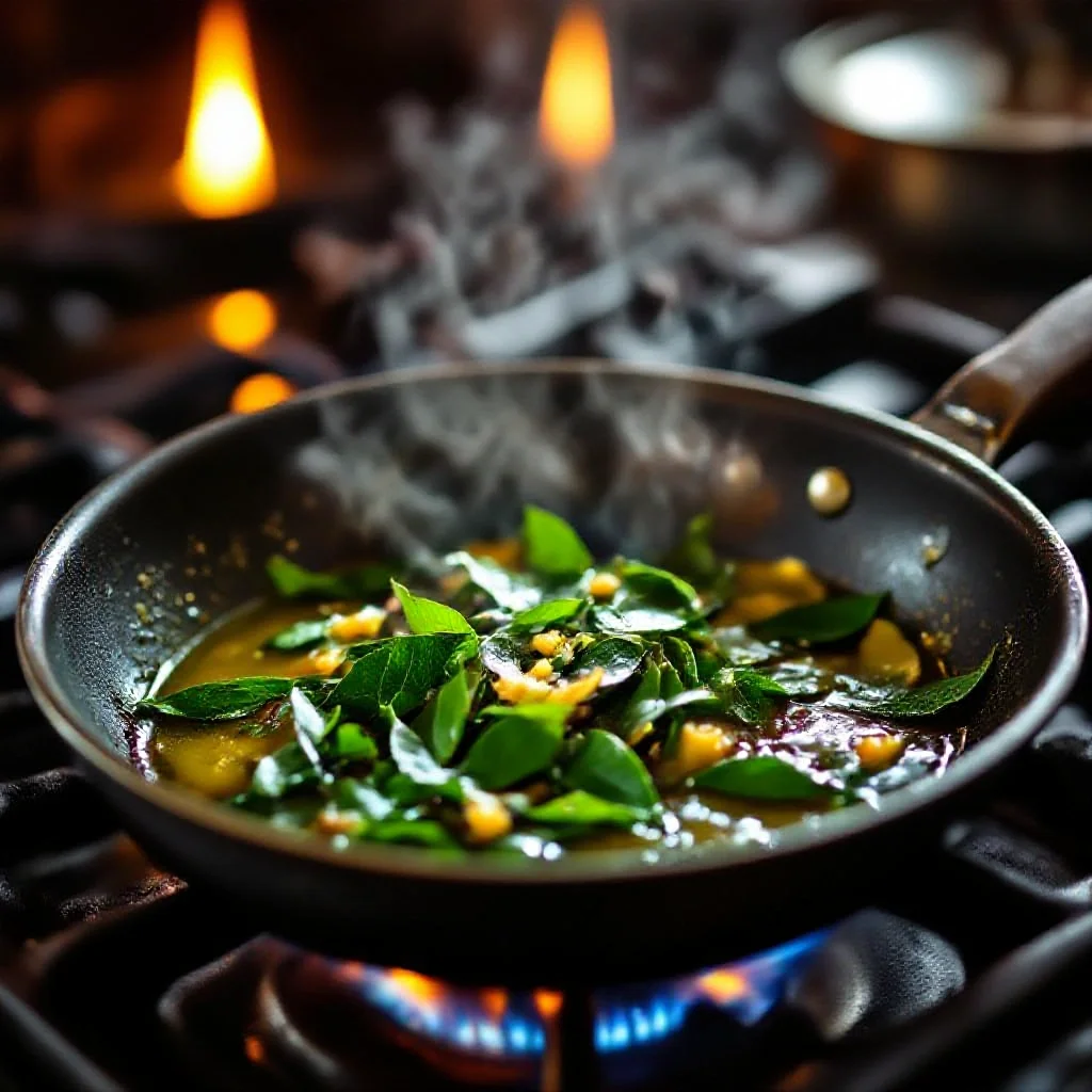 Curry leaves being tempered in hot ghee in a small pan