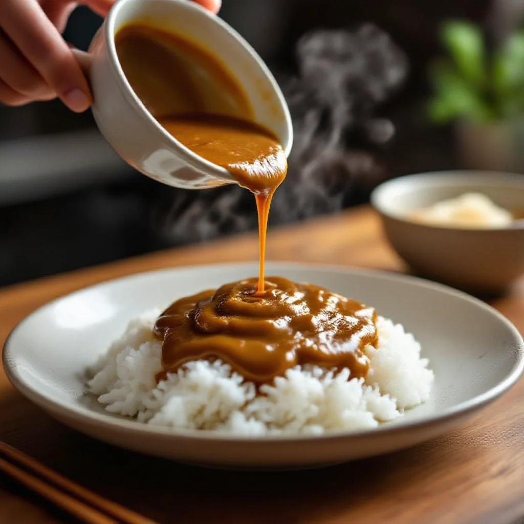 A Japanese kare raisu being plated