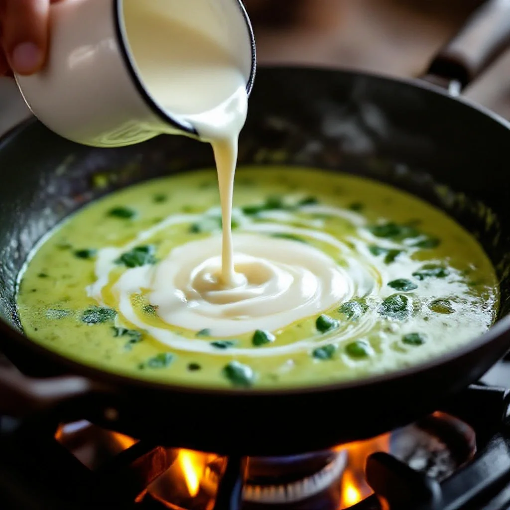 Coconut milk being poured into a wok of simmering Thai green curry