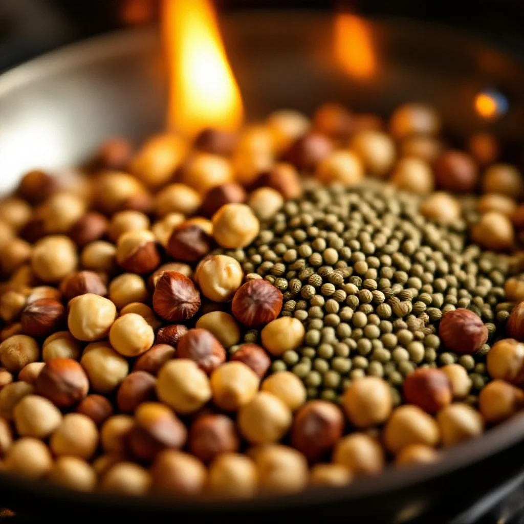 Whole hazelnuts and coriander seeds being dry-roasted in a pan for dukkah