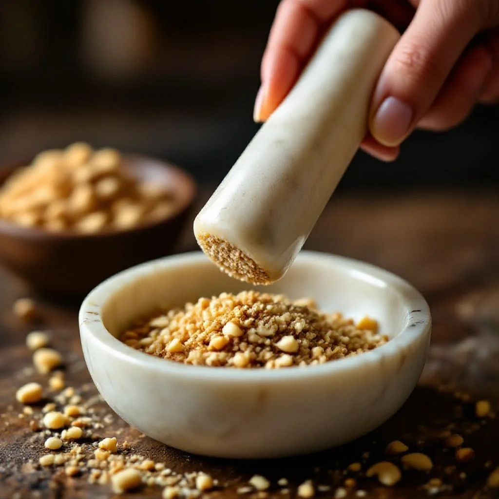A marble pestle crushing toasted nuts for dukkah
