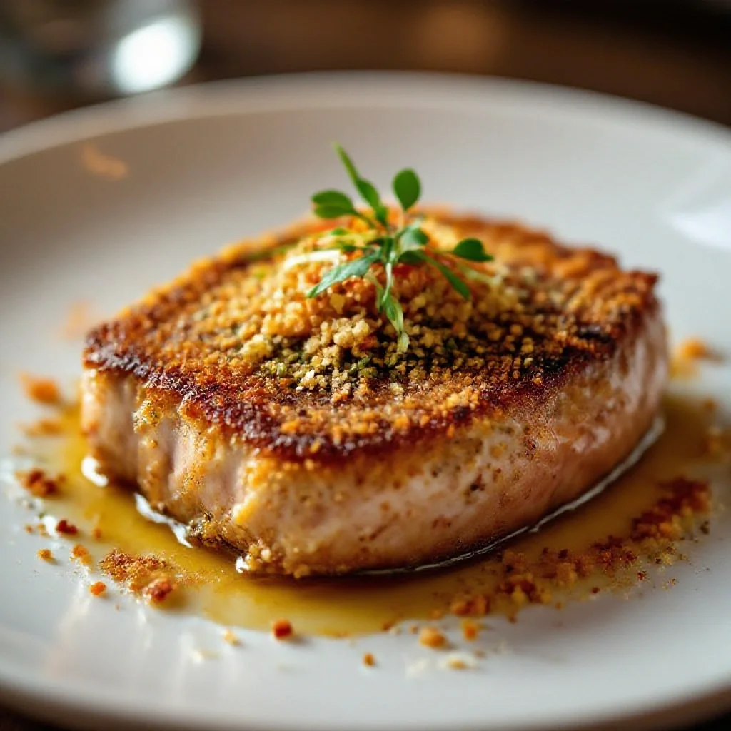 Dukkah-crusted tuna steak on a white plate