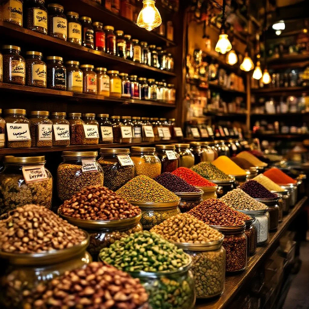 A Cairo spice shop with jars of dukkah in various compositions, hazelnut