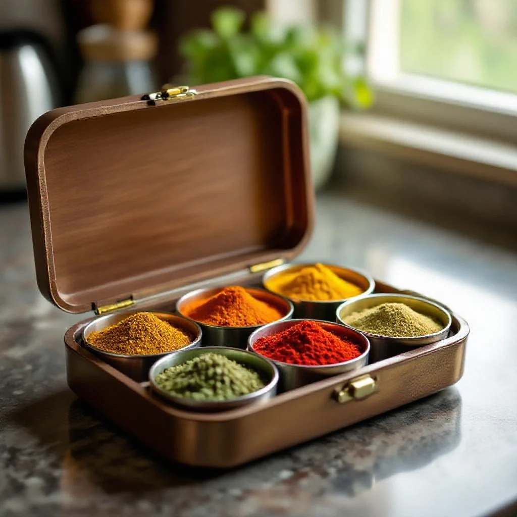 A spice box (masala dabba) open on a kitchen counter