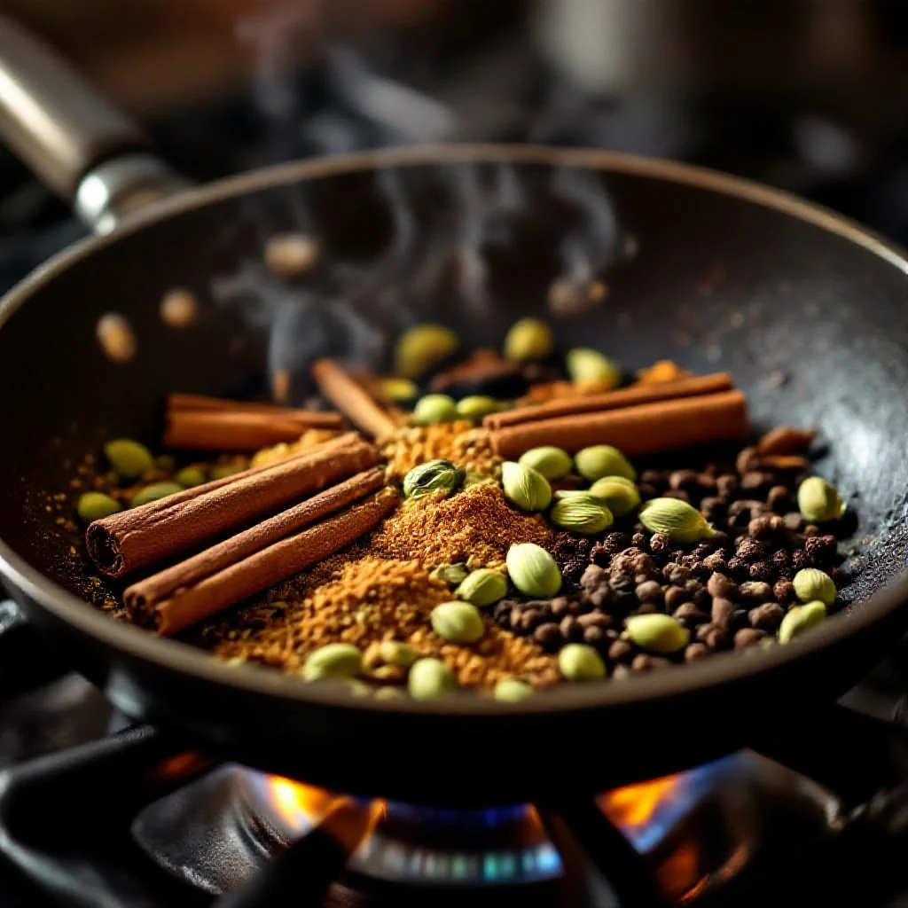 Whole spices being toasted for garam masala in a dry pan, cinnamon stick
