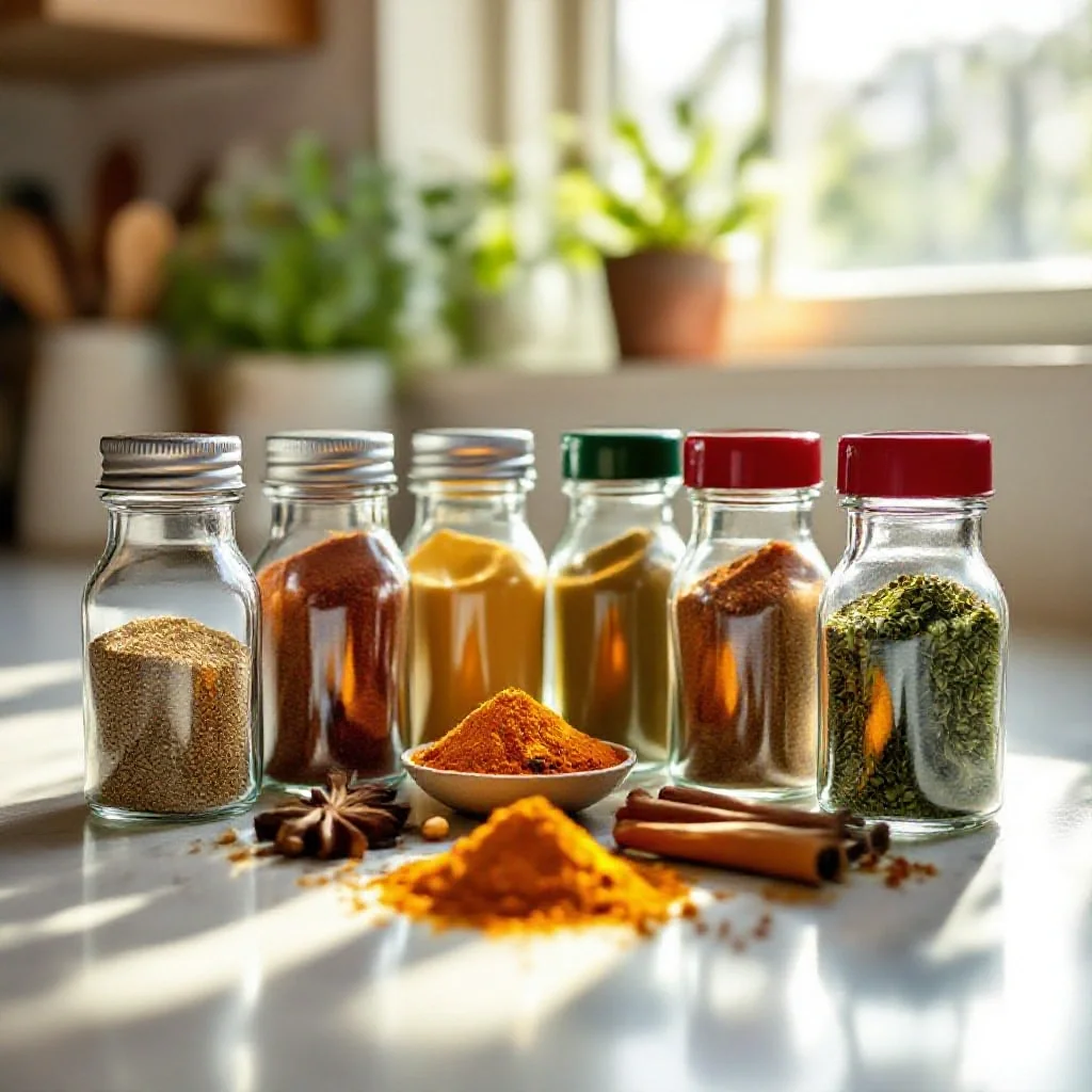 A range of individual spice bottles arranged for making a homemade garam...