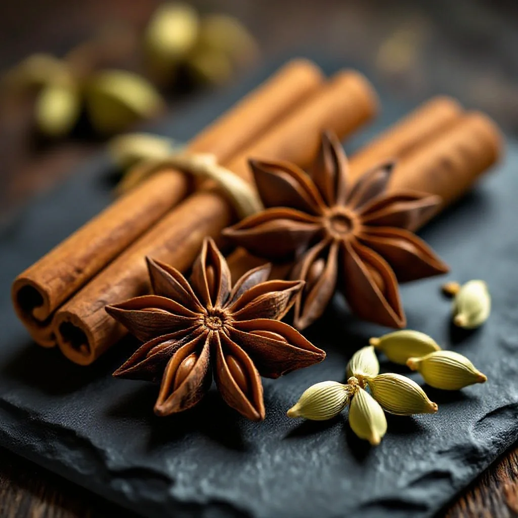 Star anise resting on cinnamon bark pieces