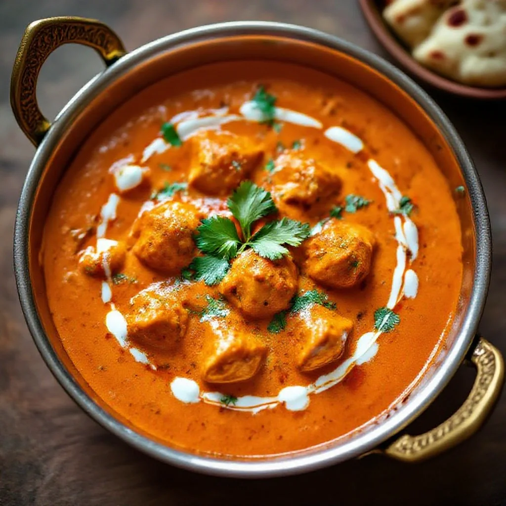 A Punjabi butter chicken dish in a copper karahi