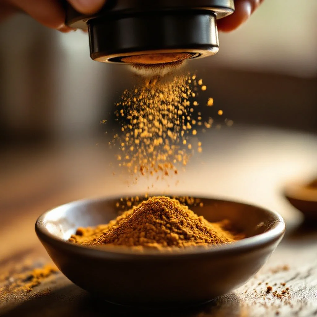 Freshly ground garam masala powder falling from a spice grinder into a small...