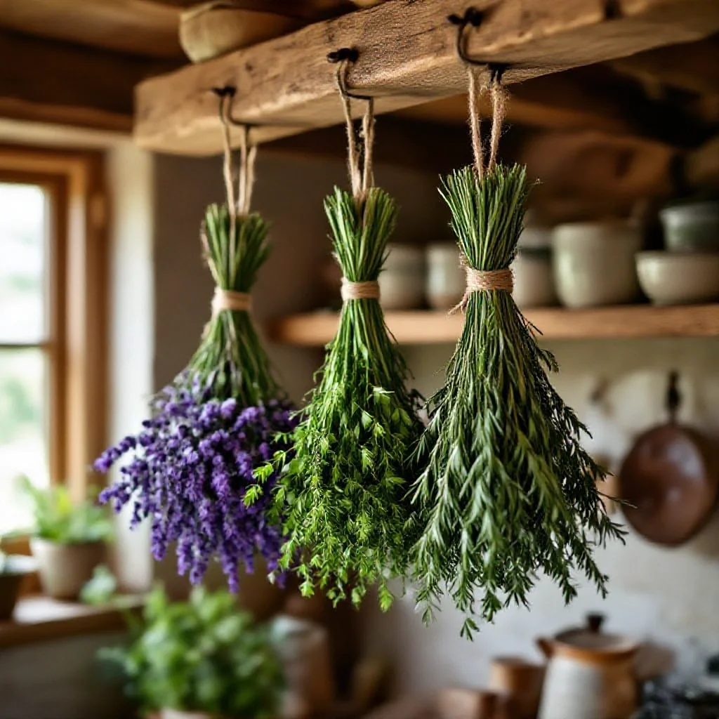 Dried herb bundles hanging from kitchen rafters, lavender