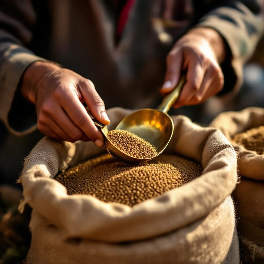 A spice merchant's hands scooping dried cumin seeds from a large burlap sack...