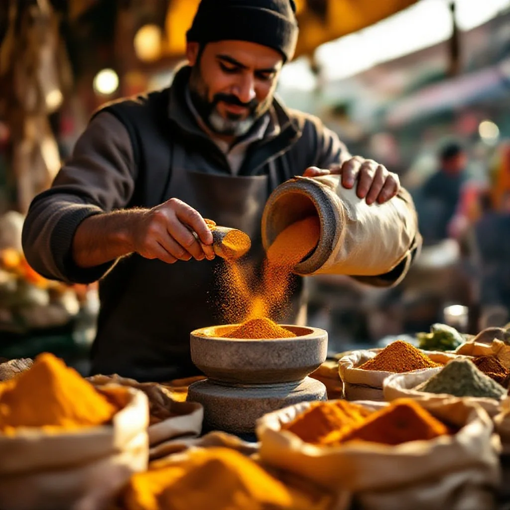 A vendor pouring fresh-ground spice blend from a stone grinder into a paper...
