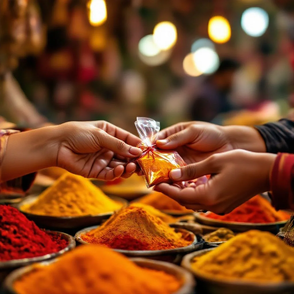 Hands exchanging a small tied saffron packet at a spice stall