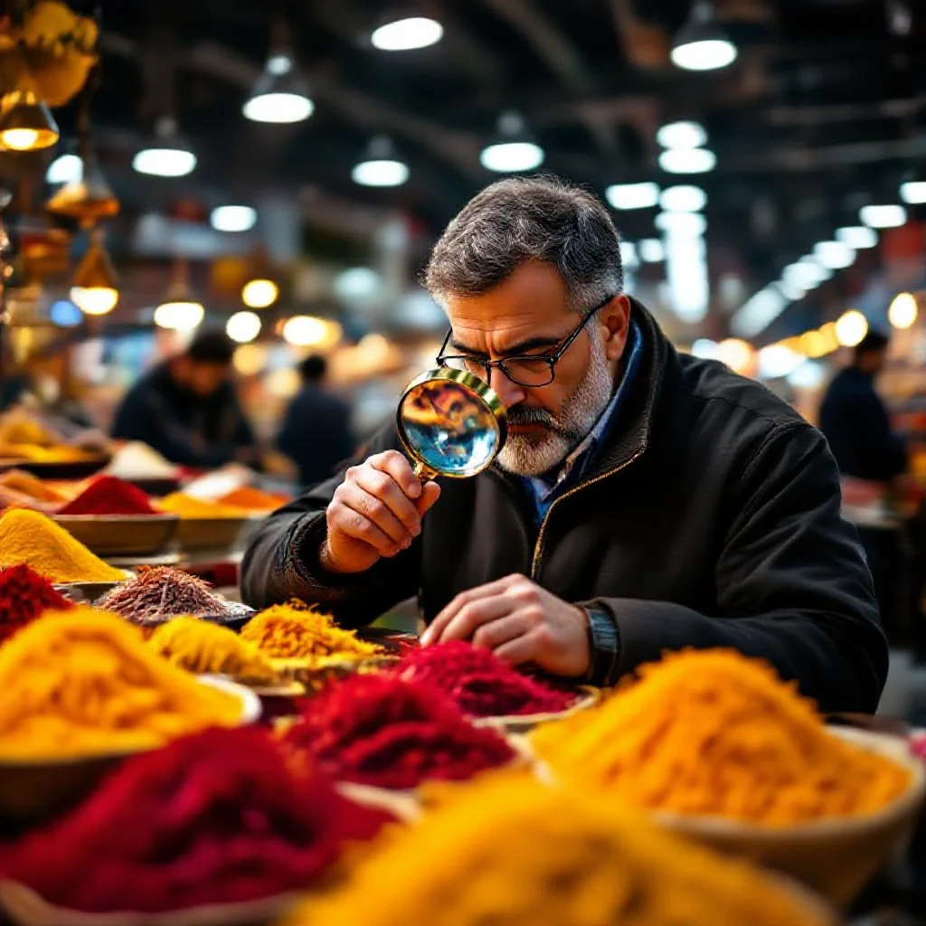 A spice buyer using a magnifying glass to inspect the quality of saffron...