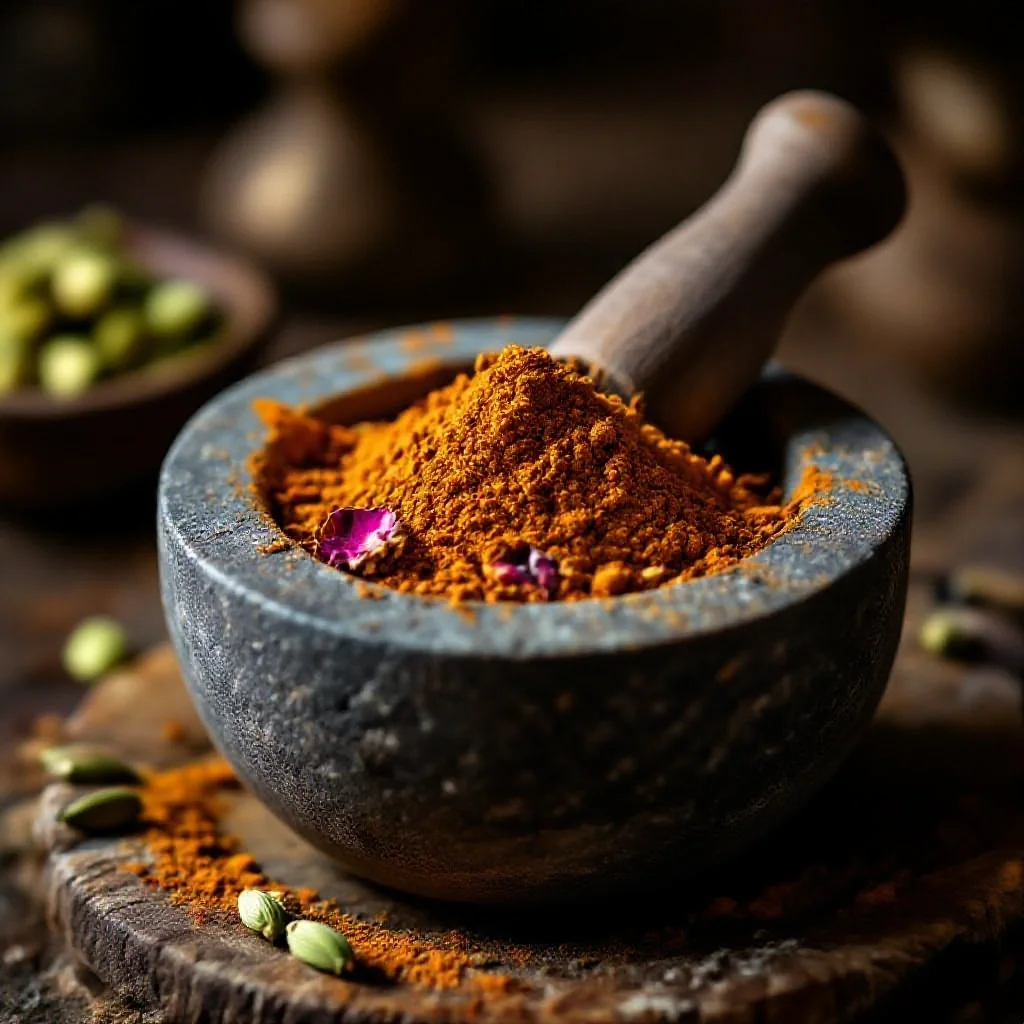 Ras-el-hanout blended in a stone mortar