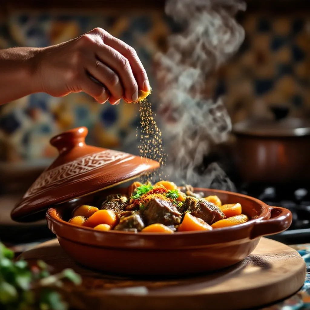 A clay tagine being finished with a sprinkle of ras-el-hanout over...