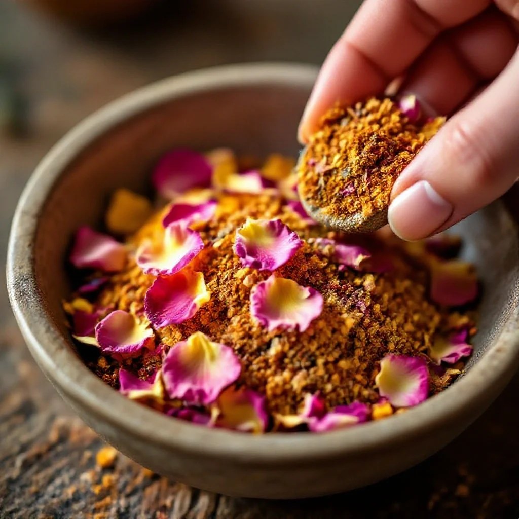 Dried rose petals being added to a custom spice blend in a bowl