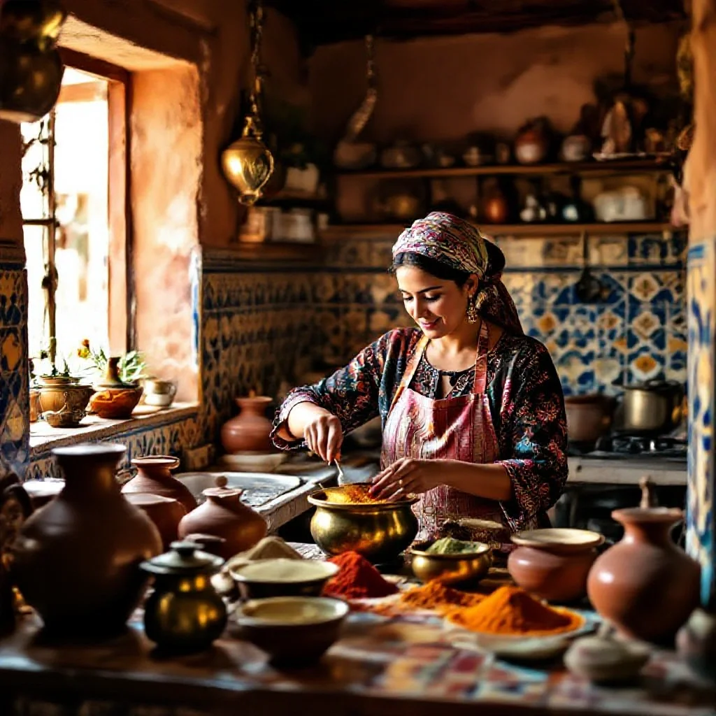 A traditional Moroccan kitchen with a woman blending spices by hand