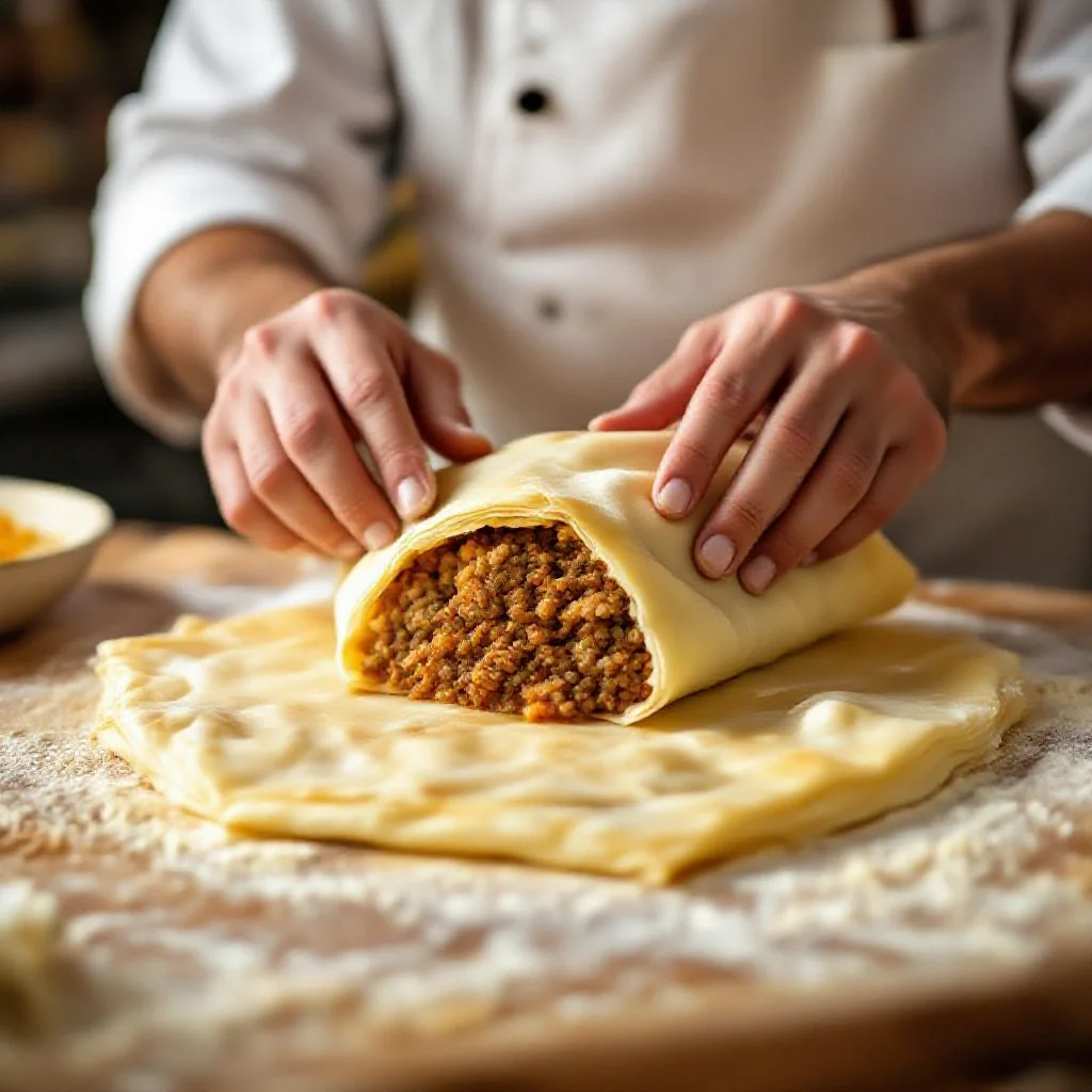 A Moroccan bastilla being assembled