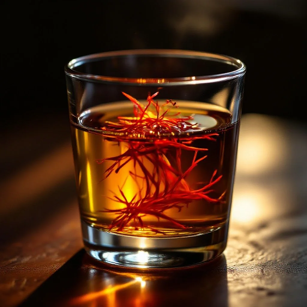 Saffron threads in a glass of warm water gradually releasing their golden colour