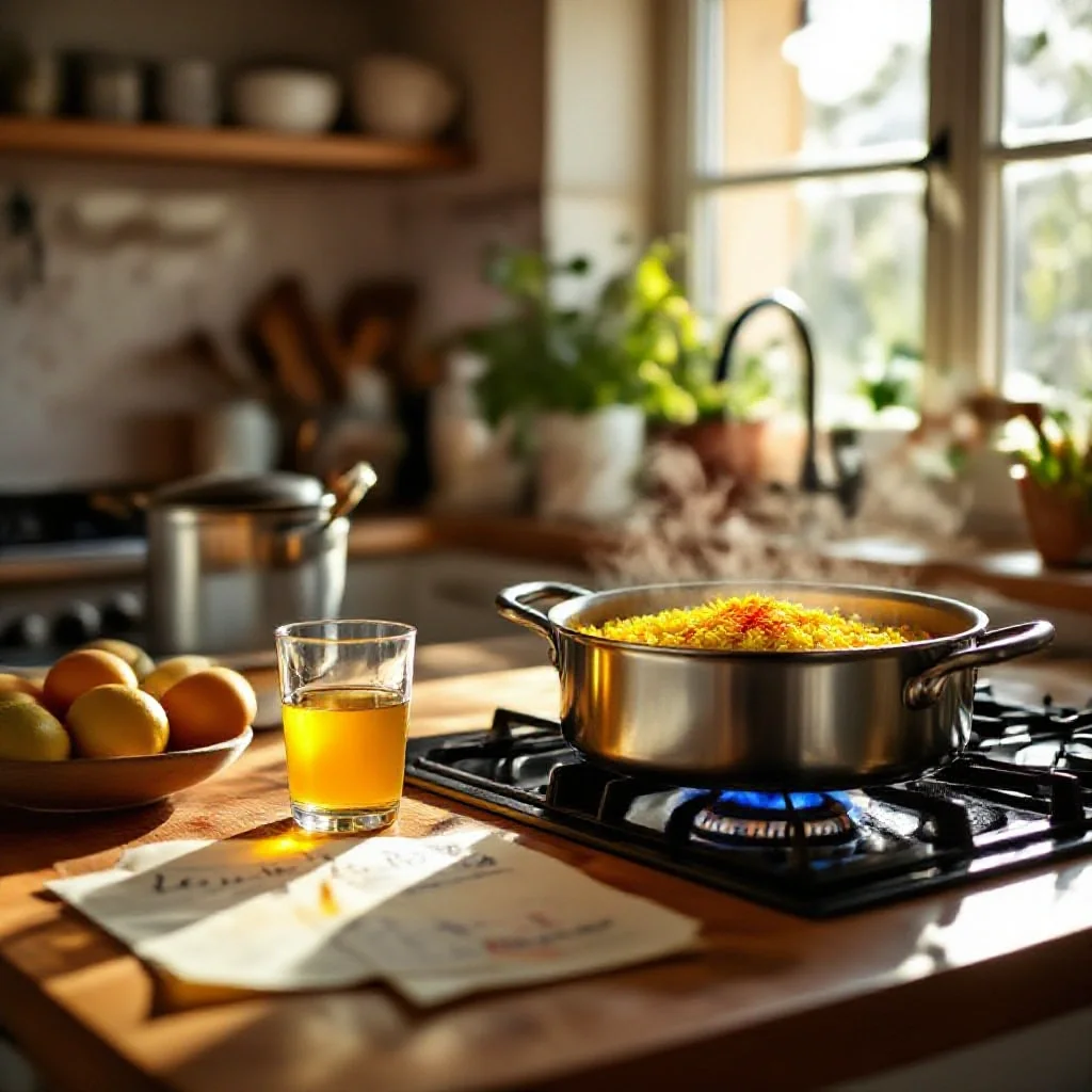 A French home cook's kitchen counter showing the infusion process, a small...