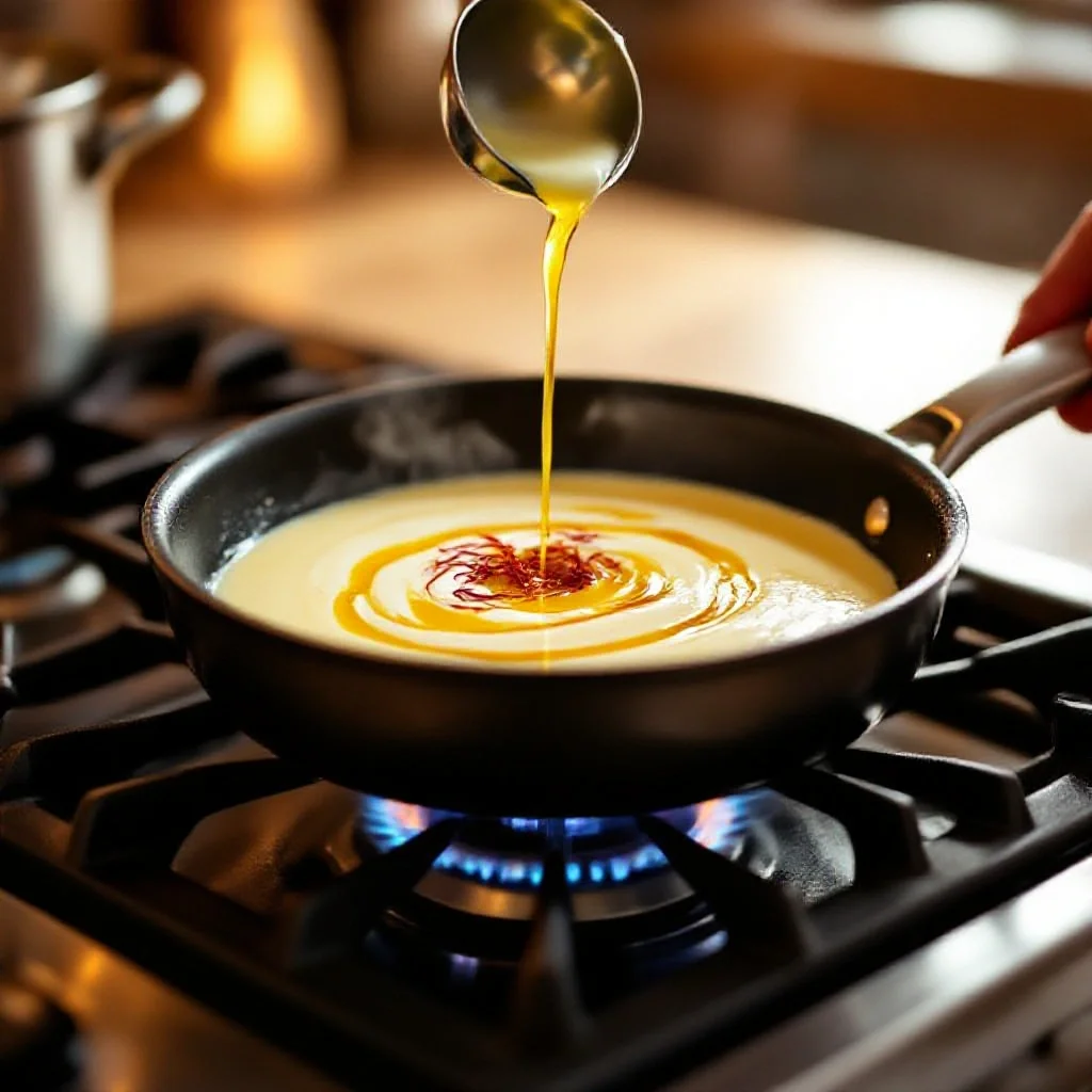 The saffron infusion being added to a cream sauce in a pan