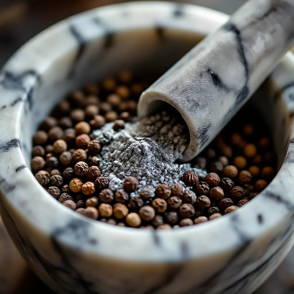 Whole peppercorns being crushed in a marble mortar