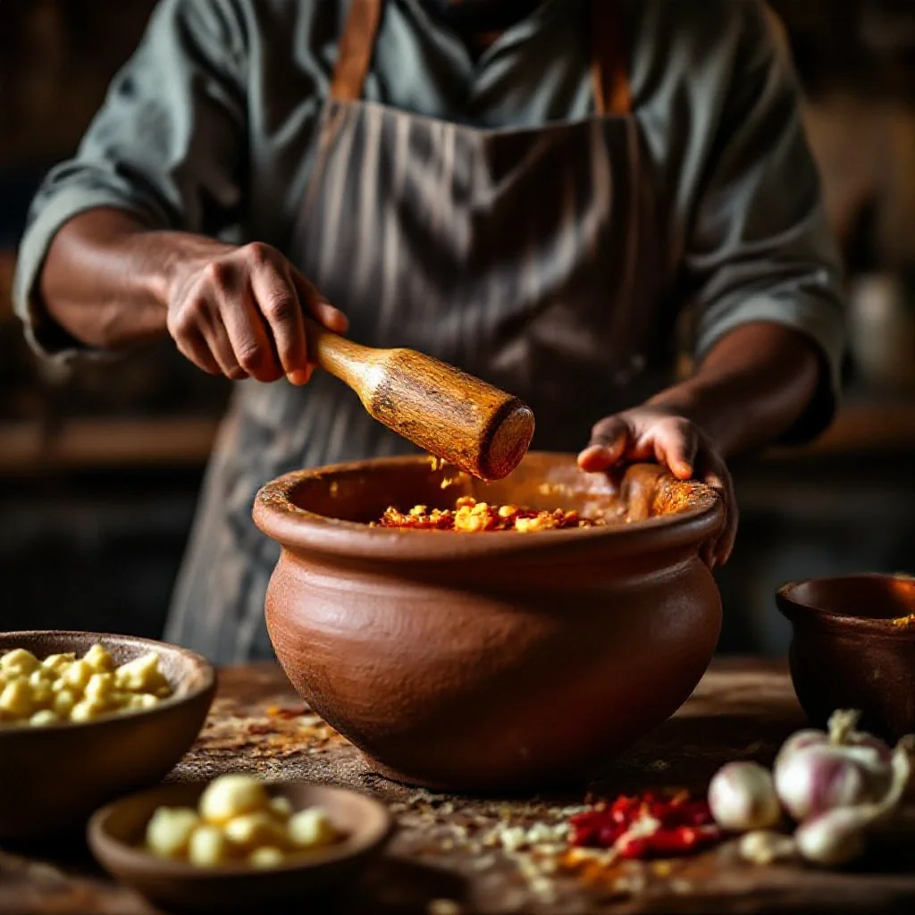 A cook using a wooden pounder in a large clay West African mortar