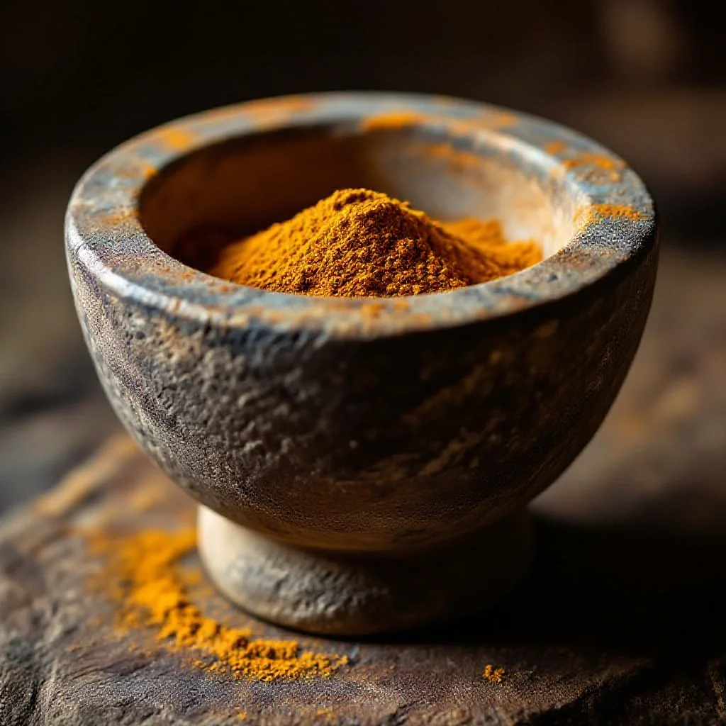 A beautifully worn ancient stone mortar with a patina of years of spice use