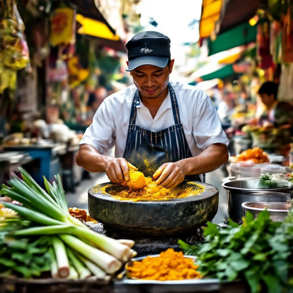 A Thai street food cook pounding fresh curry paste in a large stone mortar
