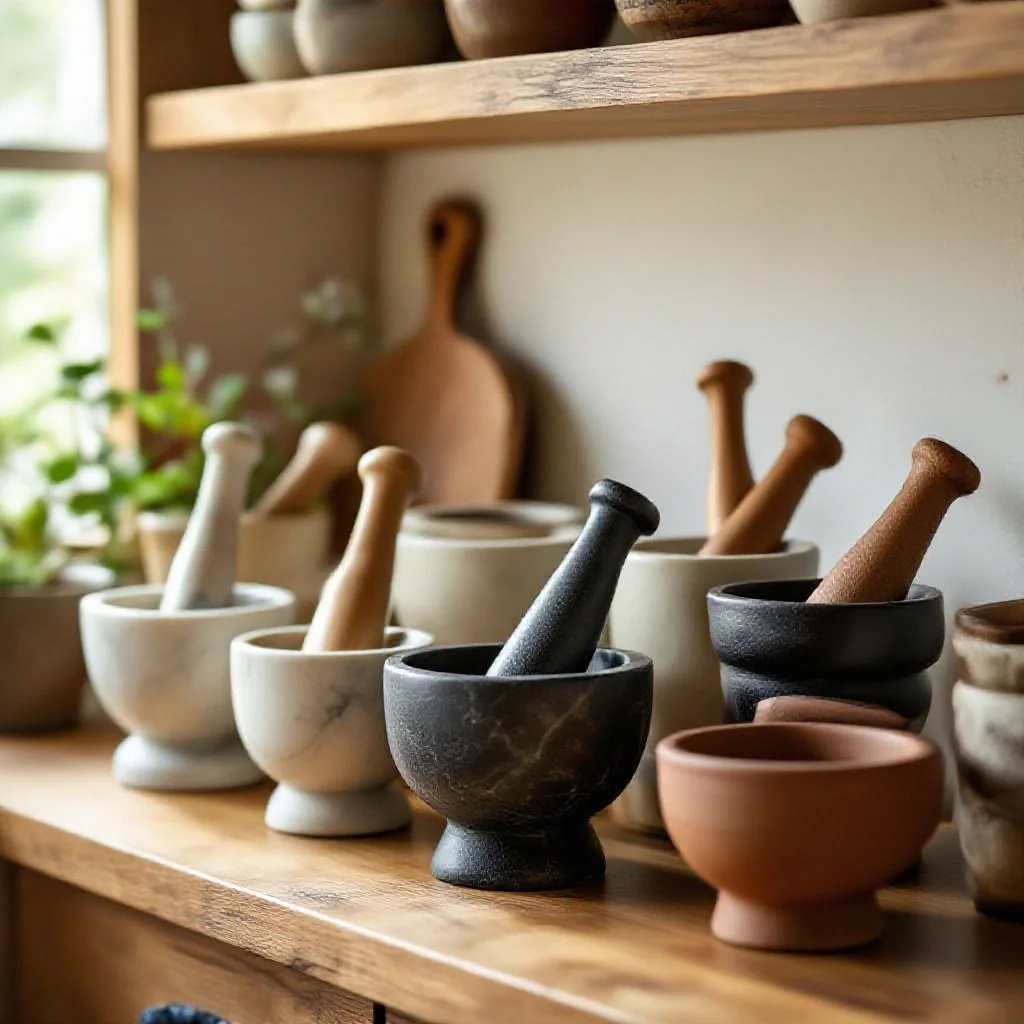 A collection of mortars and pestles of different origins displayed on a...