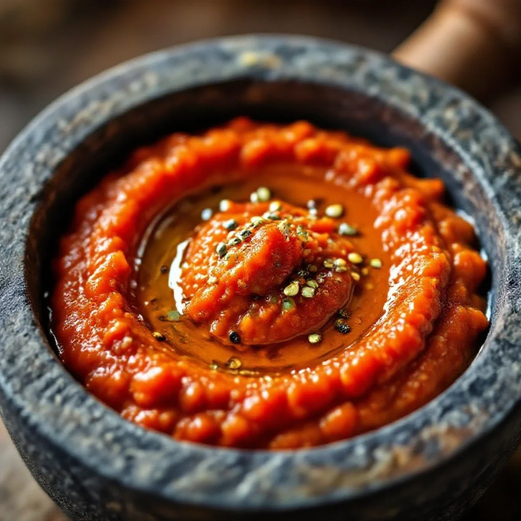A freshly made harissa paste in a stone mortar